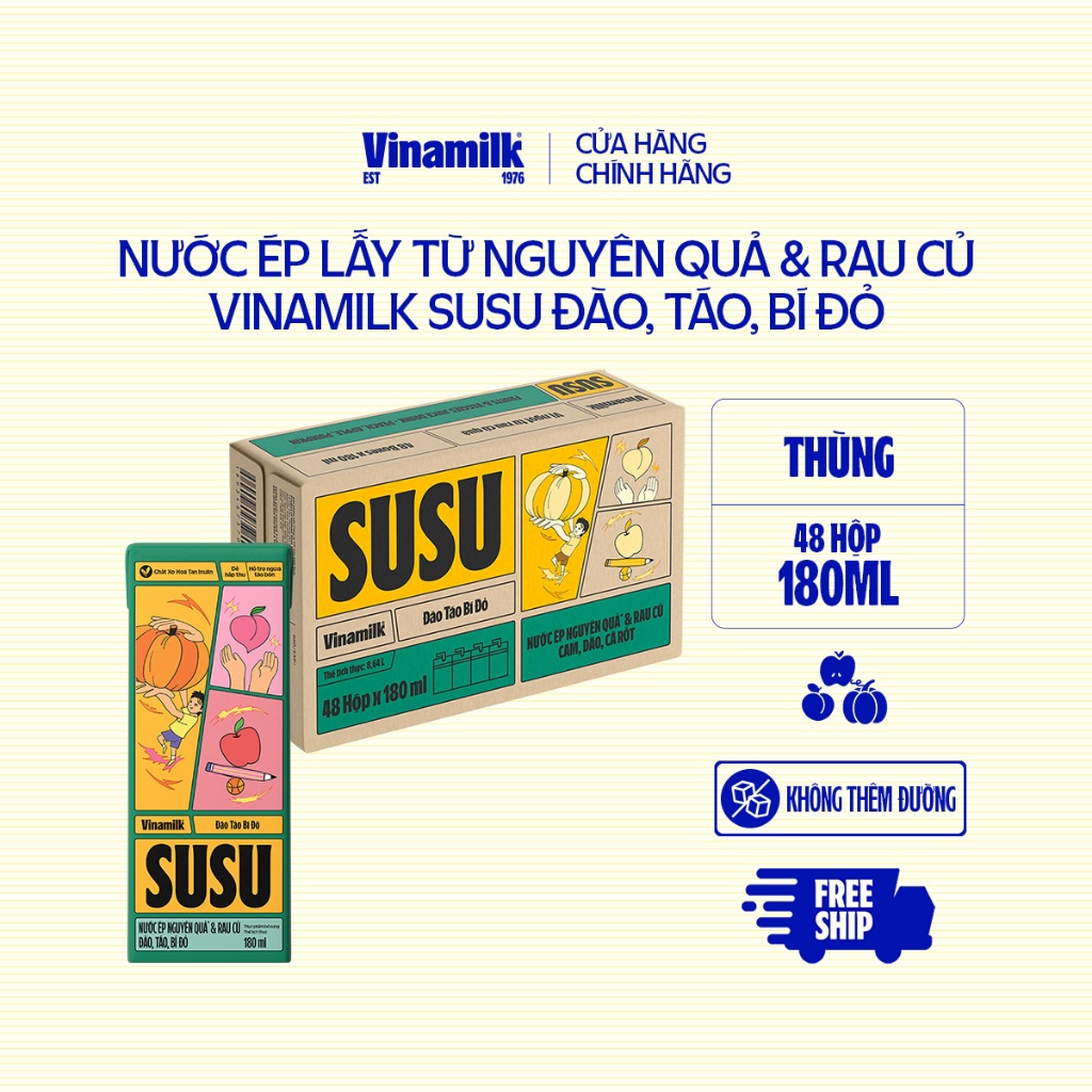 [SẢN PHẨM MỚI] Nước ép nguyên quả & rau củ Vinamilk Susu - Đào Táo Bí đỏ - Thùng 48 hộp x 180ml
