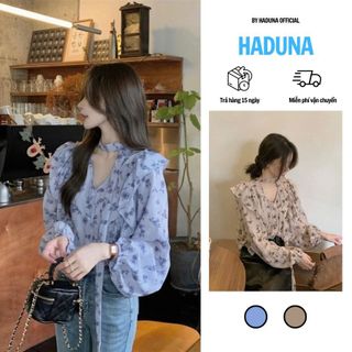 Áo Sơ Mi Nữ Cổ V Tay Phồng Họa Tiết Dịu Dàng Phong Cách Retro Cổ Điển