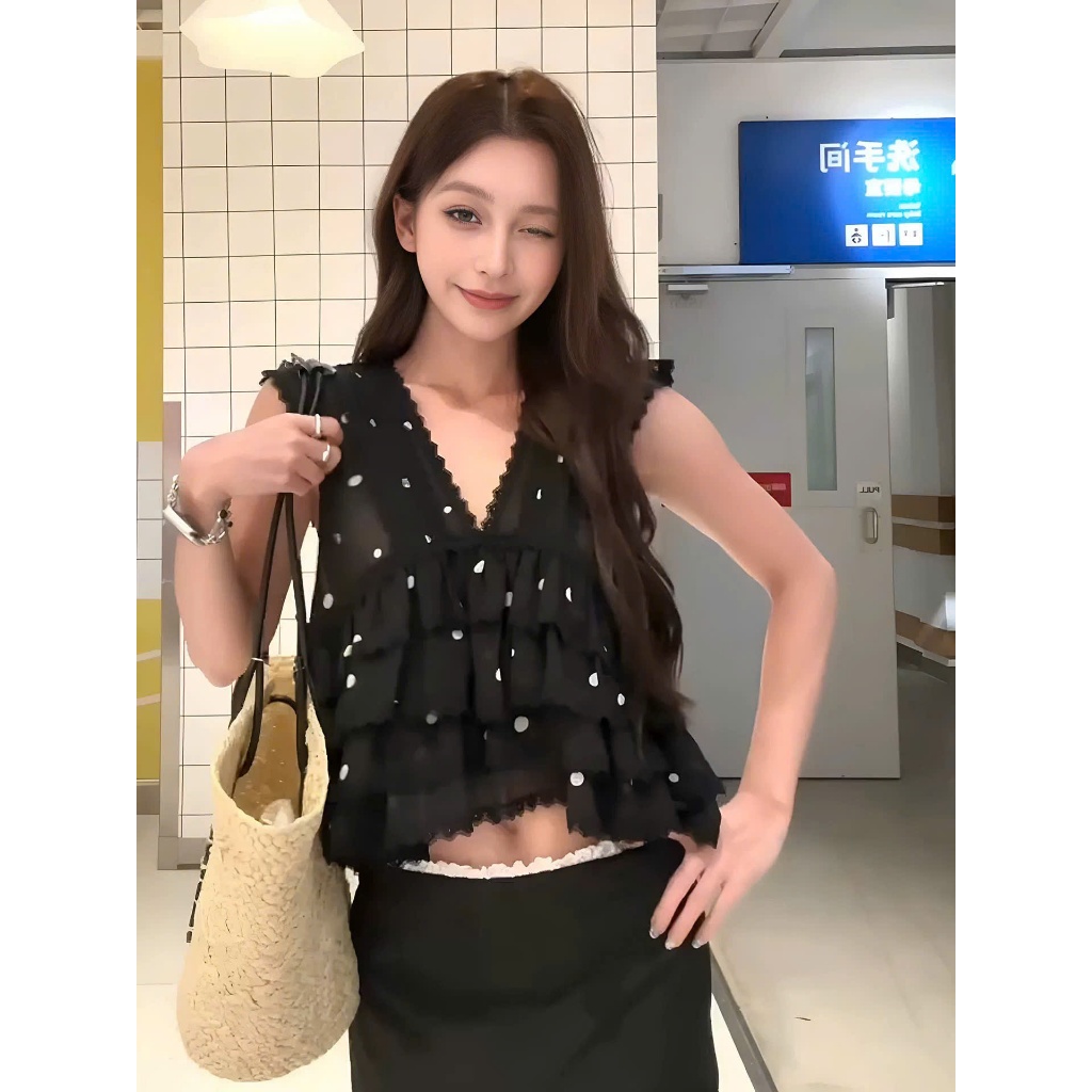 Áo nữ cổ V tay tiên phối tà xếp tầng viền ren SANJOLI Áo kiểu nữ dễ thương mặc hè đi chơi dễ phối đồ AO008