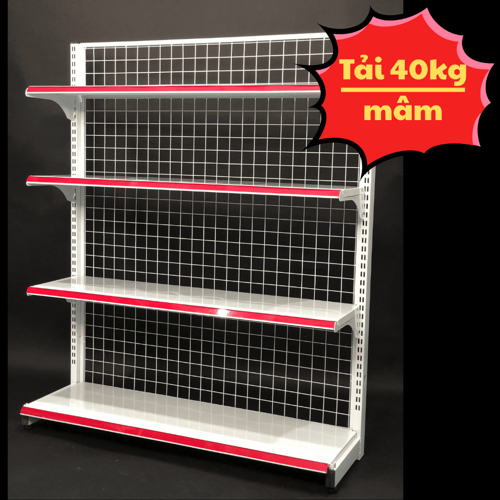 Kệ siêu thị Lưng Lưới (1 mặt) tải 40kg/mâm - kích thước: Dài 120 x Rộng 32 x Cao 150 x 4 mâm