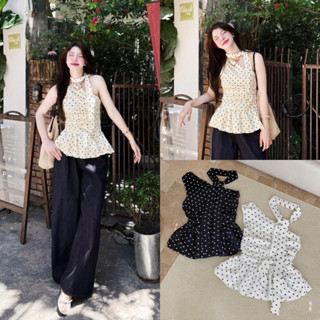 (Video ảnh thật) Áo lệch vai hoạ tiết chấm bi hot hit mùa hè 2025 phù hợp đi biển, đi tiệc đi cafe “Lala” top