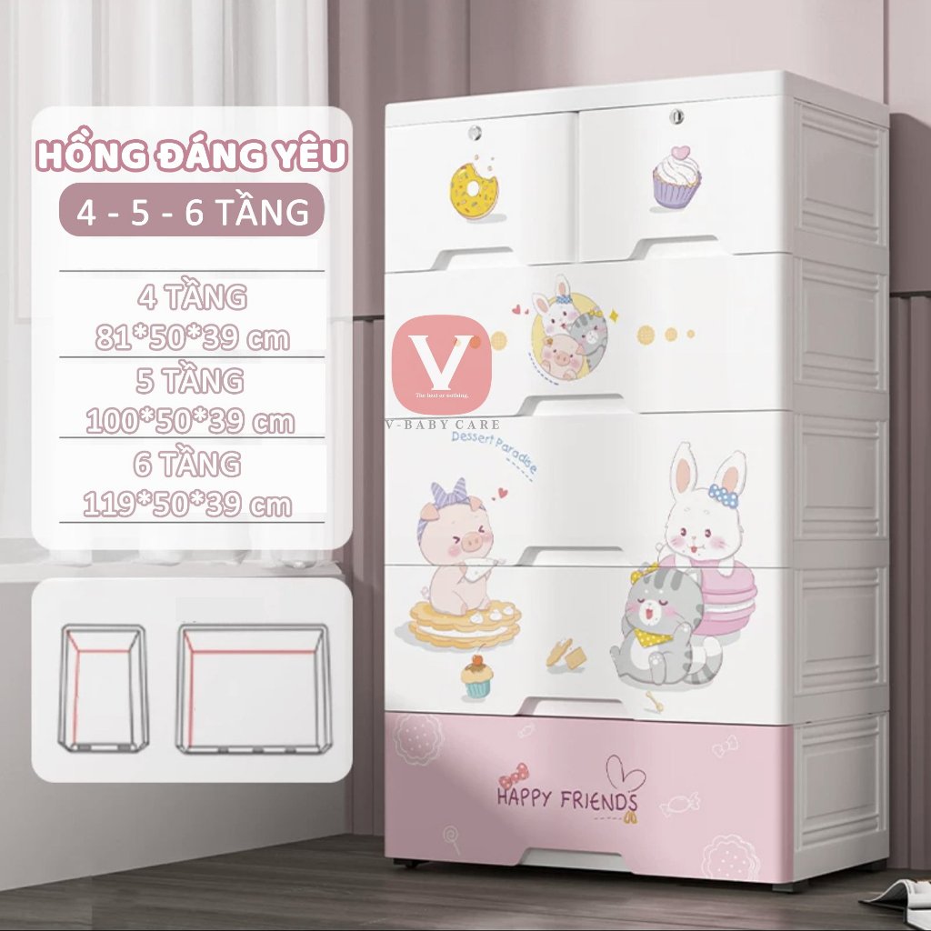 Tủ Nhựa Nhiều Tầng V-BABY T2S Cho Bé, Họa Tiết Đáng Yêu