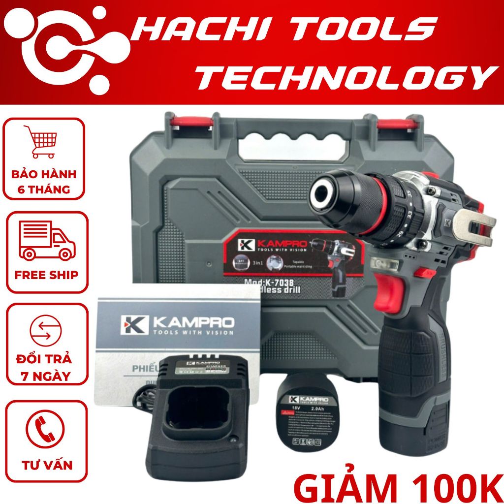 Máy Khoan Pin Kampro K-7038, 3 Chức Năng, Đầu Kẹp Autolock, Động Cơ Không Chổi Than