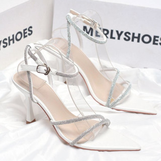 Sandal Cao Gót Mũi Nhọn Merly 1625 Dây Đá Lấp Lánh Gót Nhọn 9cm Sang Chảnh Thích Hợp Đi Tiệc Cưới, Giày Big Size 35-43