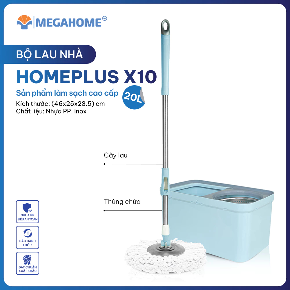 Bộ lau nhà Xoay 360 Độ Homeplus X10 Megahome, cây lau inox siêu nhẹ thùng lau vuông sang trọng, có p