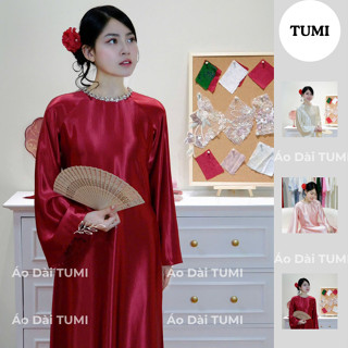 Áo dài cách tân lụa Ý cao cấp, cổ đính vòng ngọc sang trọng, diện Tết lễ hội chụp ảnh – Áo Dài TUMI