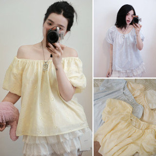 [Hàng loại 1 có sẵn] Áo trễ vai - cổ vuông ren boil thêu hoa tay bồng mặc hai kiểu TARO TOP