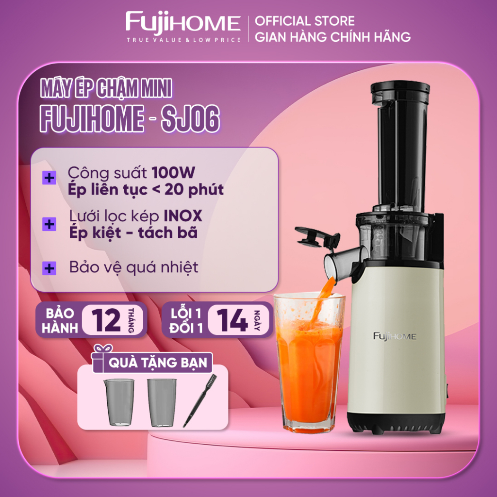 Máy ép chậm mini FUJIHOME SJ06, Máy ép trái cây rau củ 400ml công suất 100W lưới lọc 2 lớp Inox, bảo vệ quá nhiệt