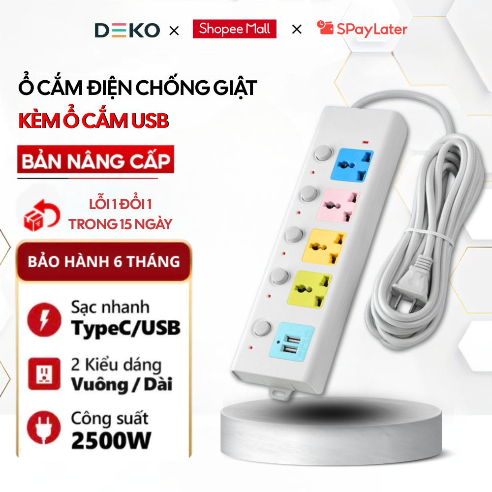 Ổ Cắm Điện Đa Năng METIS   Chịu Tải 2500W Dài 4m Cổng USB Có Chốt Bấm Chống Giật An Toàn
