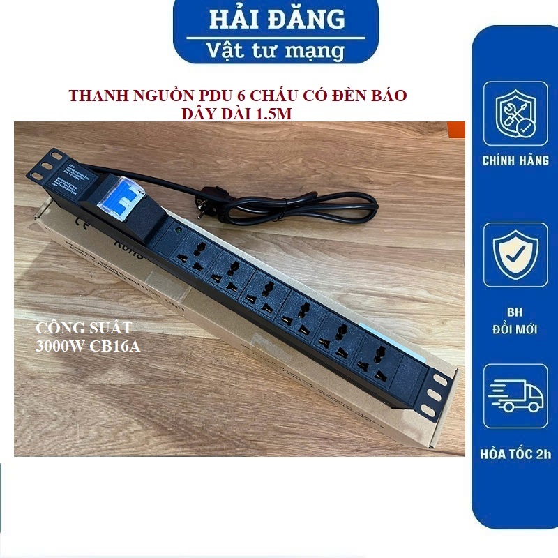Thanh nguồn PDU 6 ổ cắm đa năng dây dài 1.5m CB16A Cao cấp