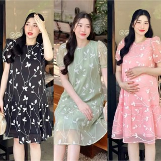  Váy bầu voan Xinh hai lớp Hoa phối sang trọng đầm bầu dự tiệc phù hợp mặc đi làm công ty dự tiệc. Váy màu Hồng và Xanh 