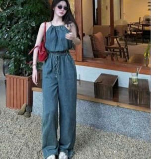  Jump thời trang nữ mặc đi chơi chất jean cổ dây yếm không tay phối dây rút eo dáng ống rộng dài maxi siêu xinh 