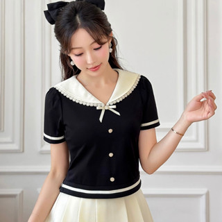 Áo sơ mi kiểu peplum nữ ngắn tay cổ thủy thủ phối dây nơ cách điệu Aana Bigsize AP0004B
