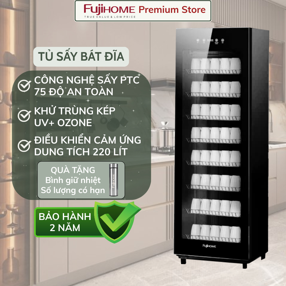 Tủ sấy bát chén 220L Fujihome DD220 tiệt trùng dung tích lớn 220 lít khử trùng bằng UV Ozone
