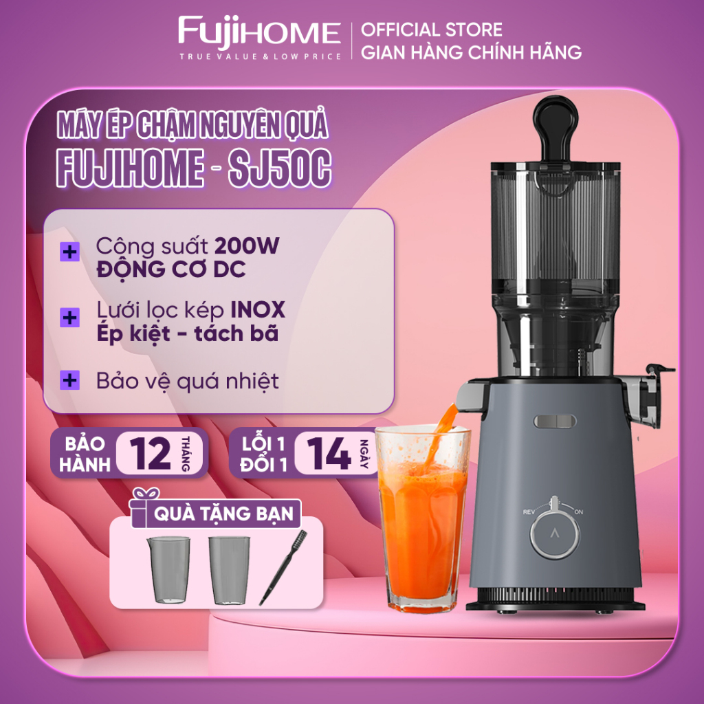Máy ép trái cây rau củ nguyên quả Fujihome SJ50C Nhập Khẩu 750ml, máy ép chậm công suất 200W bảo vệ quá nhiệt chống kẹt