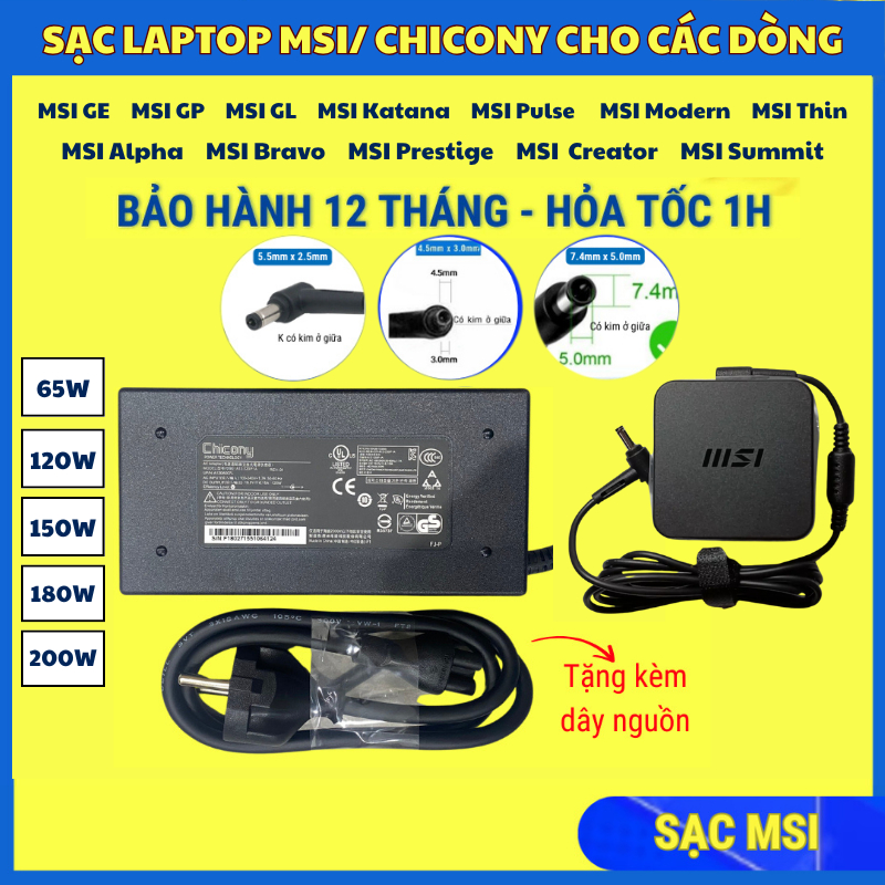 Sạc laptop MSI 19.5V 65W / 120W / 150W / 180W Sạc MSI Gaming GF63 GF65 GF75 Thin 10SC 11SC Sạc Gamin