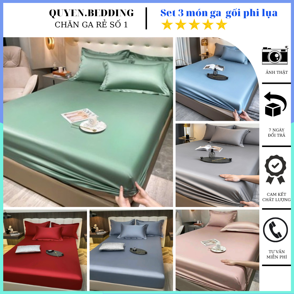 Sét ga gối phi lụa 3 món bo chun bộ ga gối 3 món phi lụa tiêu chuẩn khách sạn, homestay màu đơn sắc 