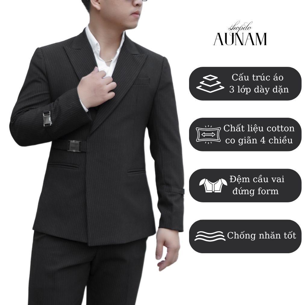 Áo blazer đai cài chéo họa tiết kẻ sọc/ bộ vest nam đẹp/ vest nam công sở-VuHai Đồ Âu Nam