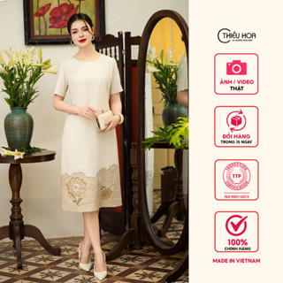 Đầm trung niên thiết kế sang trọng chất liệu Vải Linen vân tre thương hiệu Thiều Hoa DD4L1258