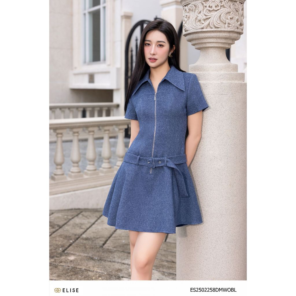 Đầm vân sợi xanh denim đai eo thiết kế Elise ES2502258DMWOBL
