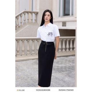 Áo sơ mi thô trắng thêu hoa túi ngực thiết kế Elise ES2504011TSWOWH