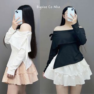 Set bộ Bigsize Nữ áo thun tay dài trễ vai cột nơ vạt chéo chân váy dáng A eo co giãn nhún bèo có bảo hộ- SET942