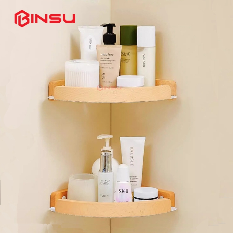 Giá kệ góc để đồ nhà tắm BINSU, chất liệu Gỗ Sồi cao cấp, lắp đặt dán tường, khoan tường.