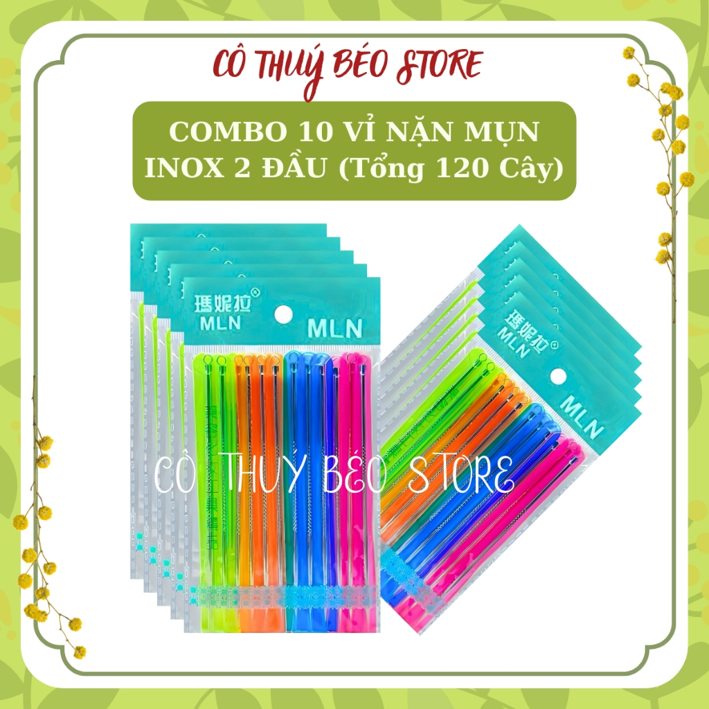 [120 CÂY] 10 Vỉ Cây Nặn Mụn 2 đầu cao cấp inox Dài 12cm (Que Nặn Mụn ko Ghỉ) - Dụng Cụ Lấy Mụn Spa