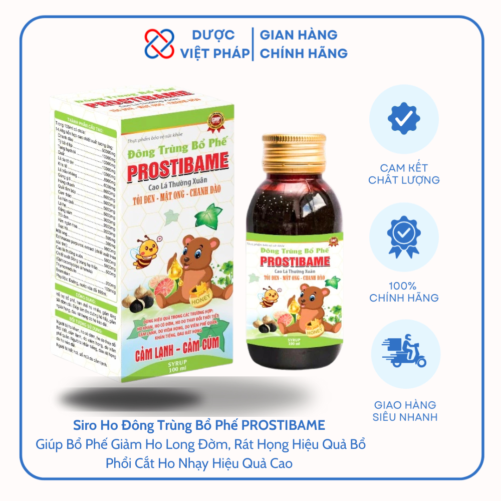 Siro Ho Đông Trùng Bổ Phế PROSTIBAME Cao Lá Thường Xuân Tỏi Đen Mật Ong Chanh Đào - Giúp Bổ Phế Giảm