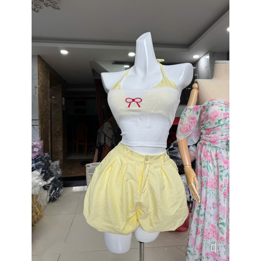 Set Bikini set đi biển 3 món Áo quây Bra Caro Phối QUẦN ĐÙI BÍ xếp li kẻ sọc_lanbishop LB33 | BigBuy360 - bigbuy360.vn