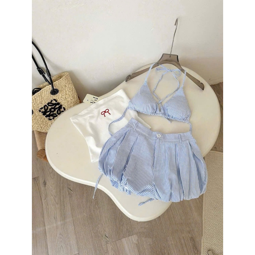 Set Bikini set đi biển 3 món Áo quây Bra Caro Phối QUẦN ĐÙI BÍ xếp li kẻ sọc_lanbishop LB33 | BigBuy360 - bigbuy360.vn