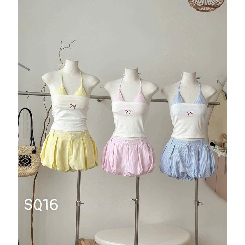 Set Bikini set đi biển 3 món Áo quây Bra Caro Phối QUẦN ĐÙI BÍ xếp li kẻ sọc_lanbishop LB33 | BigBuy360 - bigbuy360.vn