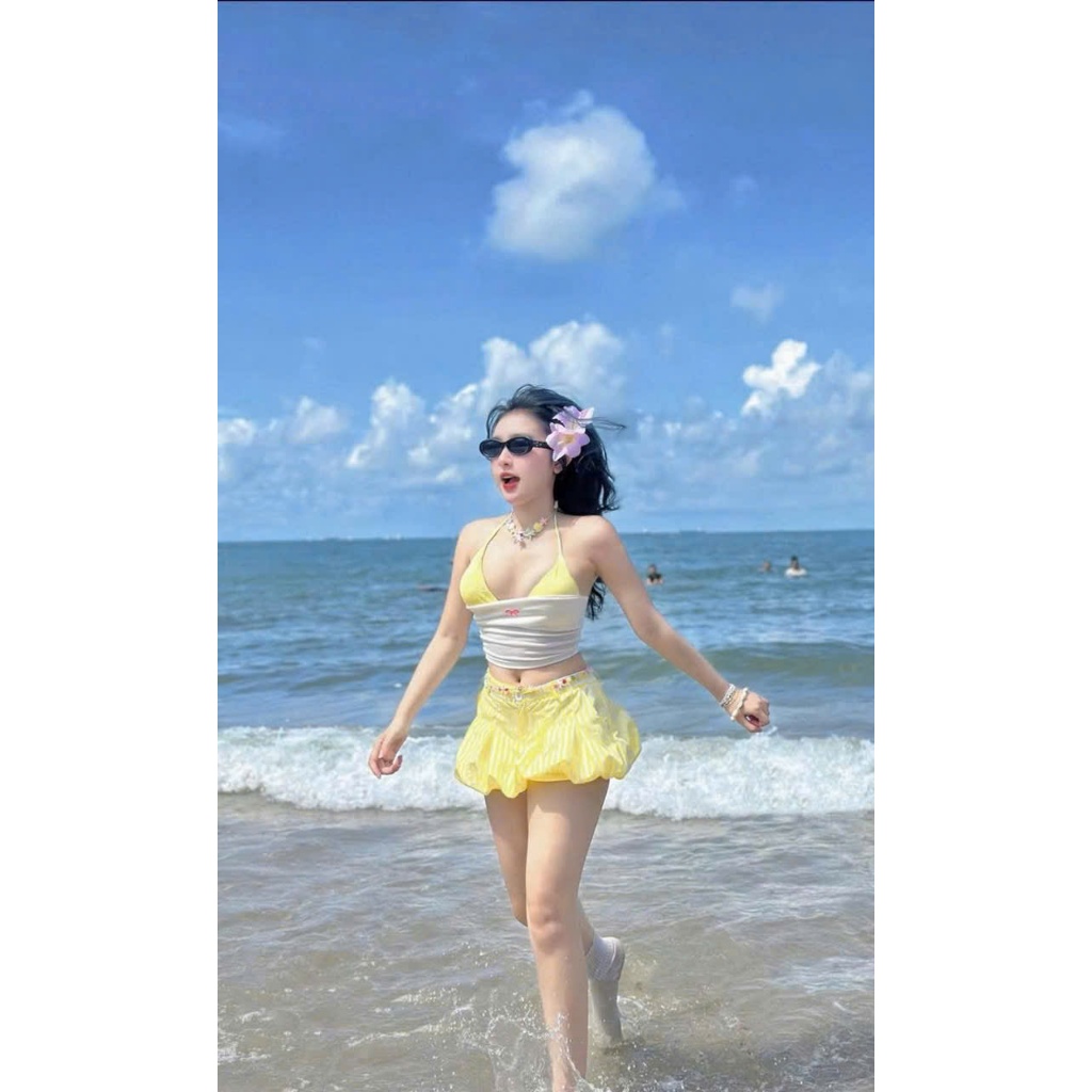 Set Bikini set đi biển 3 món Áo quây Bra Caro Phối QUẦN ĐÙI BÍ xếp li kẻ sọc_lanbishop LB33 | BigBuy360 - bigbuy360.vn