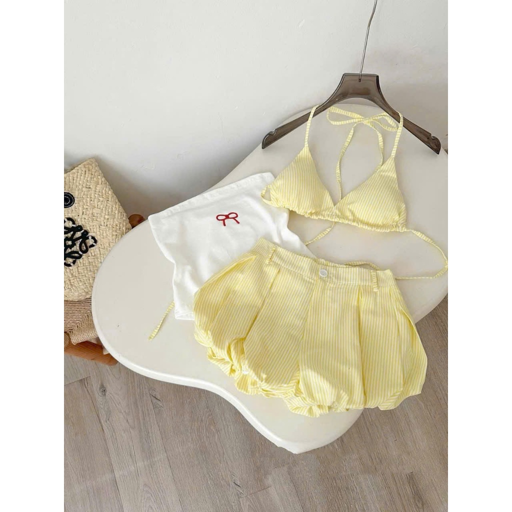 Set Bikini set đi biển 3 món Áo quây Bra Caro Phối QUẦN ĐÙI BÍ xếp li kẻ sọc_lanbishop LB33 | BigBuy360 - bigbuy360.vn