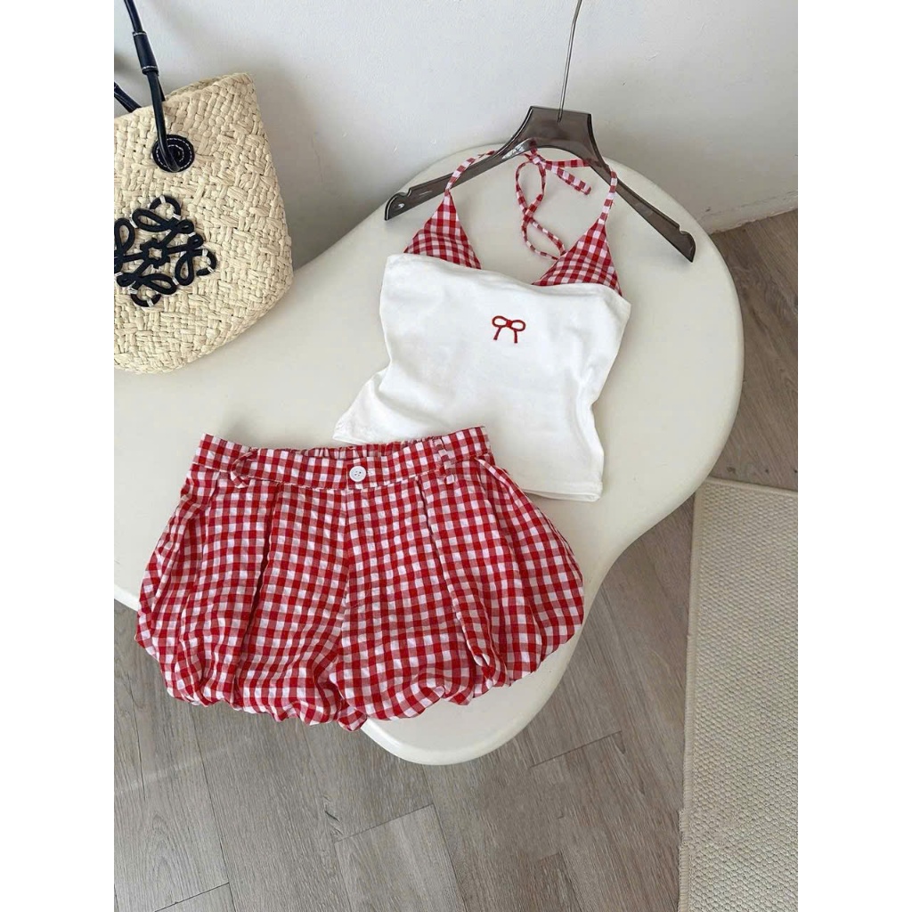 Set Bikini set đi biển 3 món Áo quây Bra Caro Phối QUẦN ĐÙI BÍ xếp li kẻ sọc_lanbishop LB33 | BigBuy360 - bigbuy360.vn