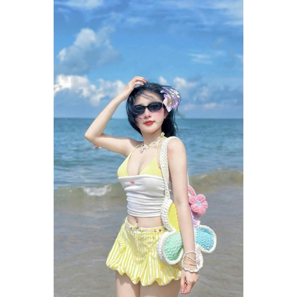 Set Bikini set đi biển 3 món Áo quây Bra Caro Phối quần đùi bí xếp li kẻ sọc_lanbishop LB33