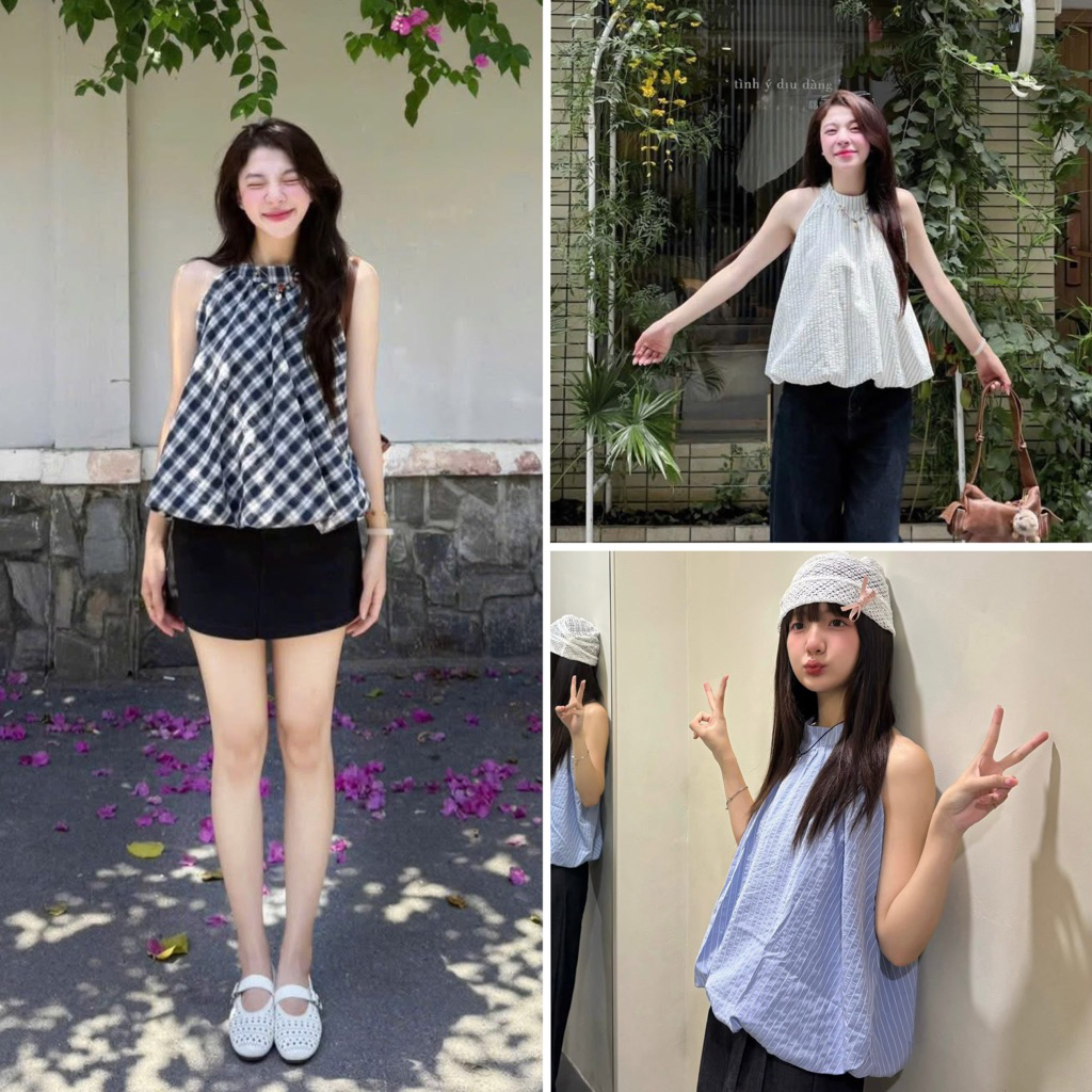 [HÀNG SẴN] Áo cổ yếm nữ dáng bí trứng phồng kẻ caro/chấm bi EGGIE TOP | BigBuy360 - bigbuy360.vn