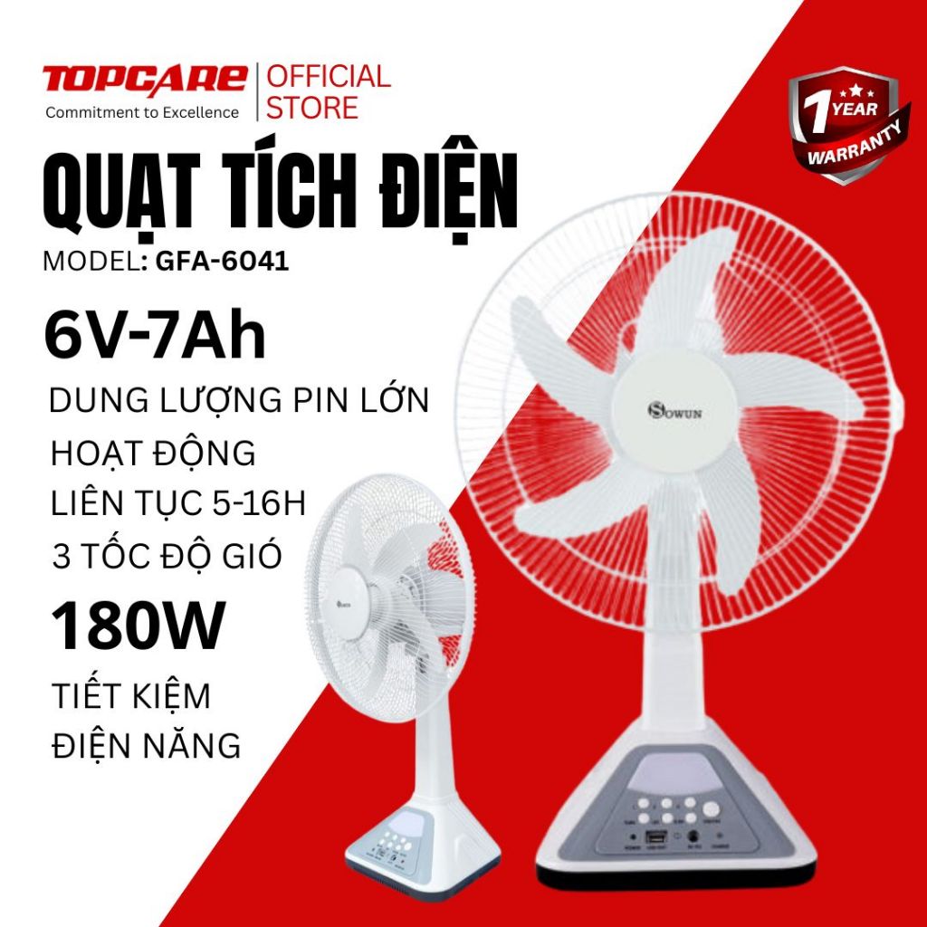 Quạt tích điện Sowun SW 807 công suất 18W, pin 6V7AH 3 tốc độ gió, vận hành êm ái