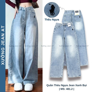 Quần Jean Nữ Ống Suông Rộng Xanh Wash Bụi Thêu Ngựa Lưng Cao Hàn Quốc 481.2