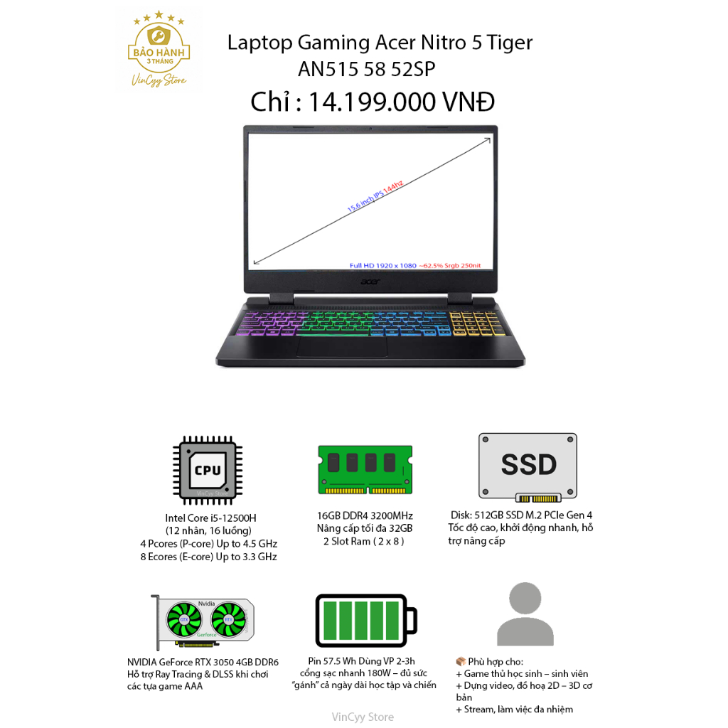 Laptop Gaming Acer Nitro 5 Tiger AN515 58 52SP /I5 12Th /Ram 16 /SSD512/RTX 3050 /Win11 /99%