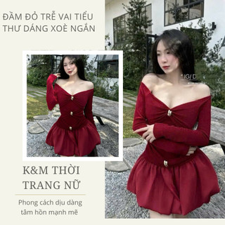  Đầm đỏ trễ vai tiểu thư dáng xoè ngắn – Váy dạ hội body dự tiệc sang chảnh tôn dáng 