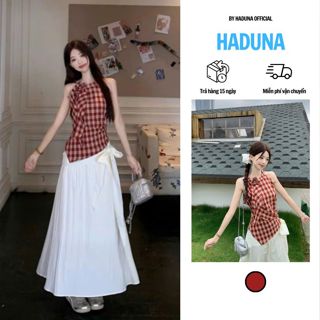 Set Áo Caro Đỏ Cổ Yếm Bất Đối Xứng Mix Chân Váy Trắng Vintage - Phong Cách Nữ Tính Hàn Quốc
