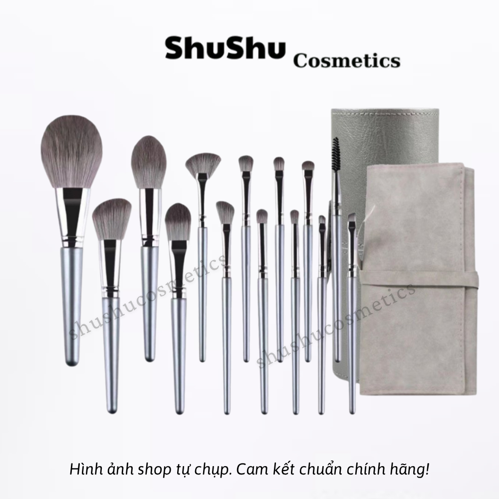 Bộ Cọ Trang Điểm 14 Cây Chuyên Makeup Cá Nhân Kèm Bao Da, Cốc Lông Siêu Mềm SHUSHU COSMETICS
