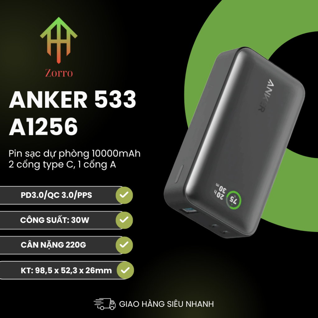 Pin Sạc Dự Phòng Anker 533 A1256 - 10.000 mah Sạc Nhanh 30W 3 Cổng - Hàng Used