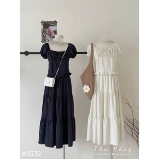 [ Tặng Buộc Tóc ] Set Áo Cổ Vuông Tay Bồng Chấm Bi Thắt Nơ Viền Bèo Phối Chân Váy xuông xoè hót, sét đũi lụa chấm bi