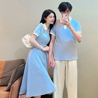 Áo cặp đôi - đồ đôi thun nam nữ xanh biển nhạt phối trắng nhấn eo xinh xắn - FOREVER COUPLE