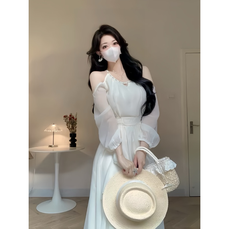 DT1 ĐẦM TƠ ÁNH KIM RỚT VAI FORM DÀI ĐI BIỂN, ĐI CHƠI, ĐI DU LỊCH, ĐẦM TRẮNG TIỂU THƯ