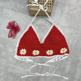 Áo bra len móc màu đỏ mận siu nổi bật slay dành cho phái nữ đi biển du lịch mix cùng bikini sooc