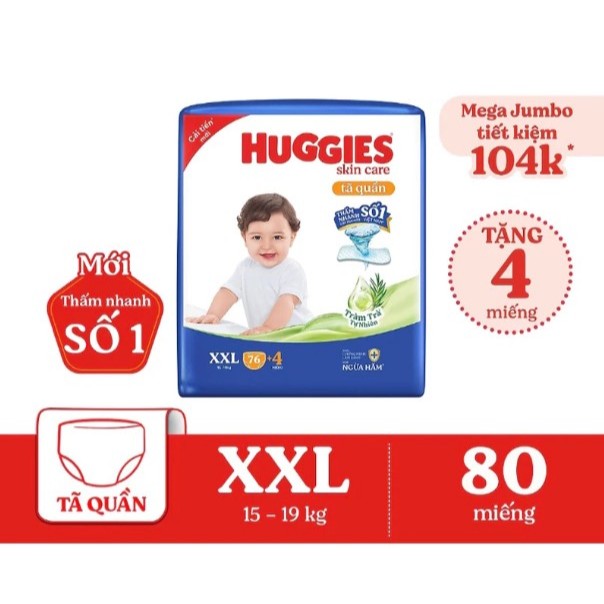 Tã quần Huggies M106/L100/XL84/XXL76+4 miếng tràm trà mới