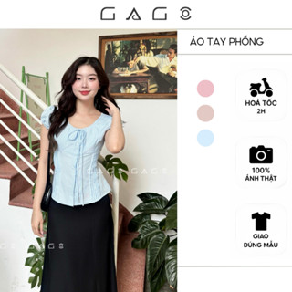 Áo kiểu nữ Sơ Mi Tay Bồng Babydoll GAGO BRAND Cổ Vuông Kiểu Kẻ Sọc Thắt Nơ Ngực Mặc Hằng Ngày Đi Chơi